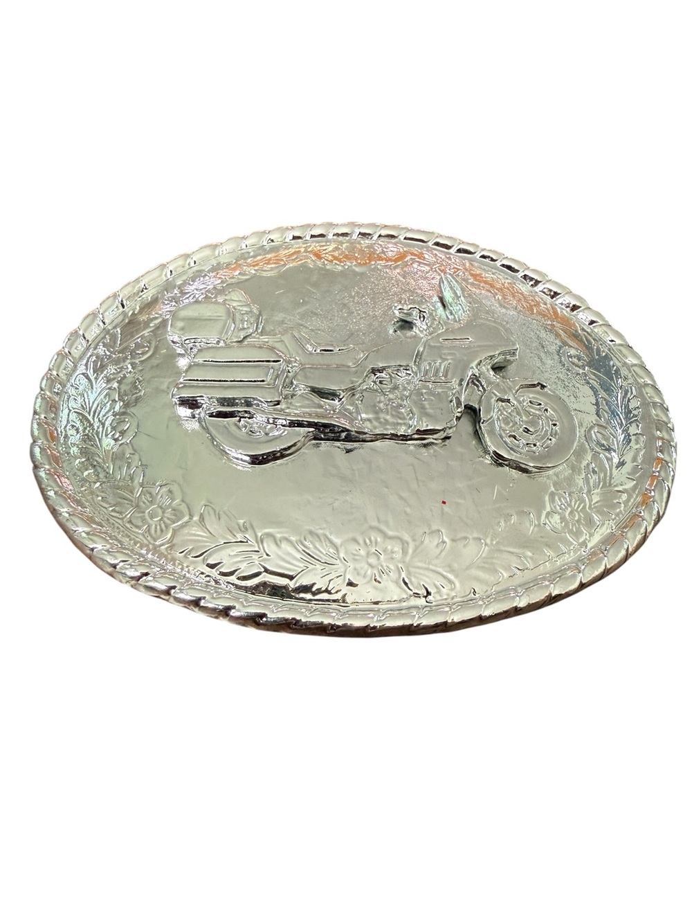Vintage Motorcycle Biker Oval Belt Buckle Silver Tone Ornate Filigree